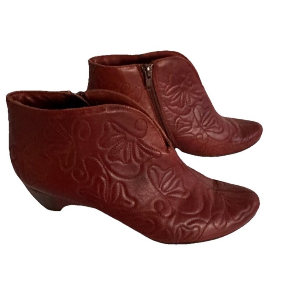Pikolinos Cuero Size 40 Embroidered Brown Leather Tooled Ankle Boot Kitten Wedge